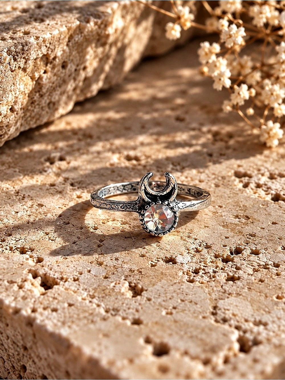 Crescent Moon Crystal Ring in Silver tone